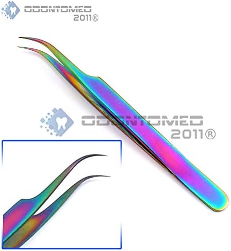Conjunto de 2 aço inoxidável multi titânio arco -íris cor 3D Extensão de cílios Tweezers Pro reto ângulo + ponto fino curvo forte