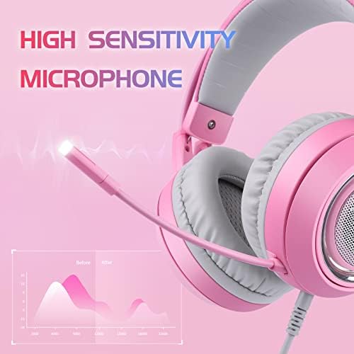 SOMIC G951 Pink fone de jogo para PC, PS4, PS5, laptop, fone de ouvido de ouvido de gato fones de ouvido de jogos USB com cancelamento de ruído de micro