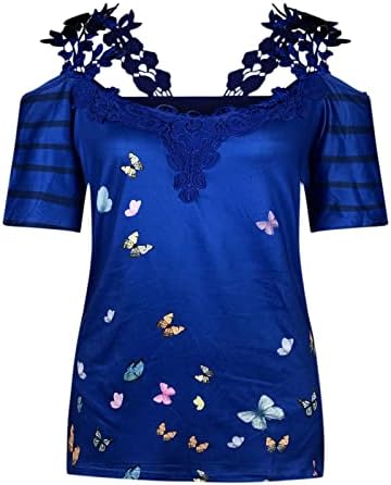 Blouses de ombro frio de manga curta feminino V Lace de pescoço Butterfly Relaxed Fit Bloupshole Bloups camiseta Senhora Bs BS