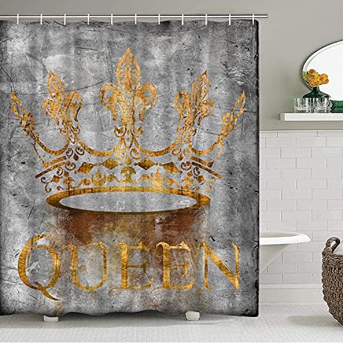 Duobaorom 4 peças Conjunto de cortina de chuveiro Queen Crown abstrato Coroa de ouro com letra Queen Grey Arte obra em tapetes não deslizantes tampa da tampa da tampa do banheiro e cortina de banheiro com 12 ganchos 72x72inch