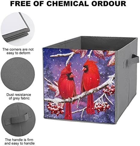 Red Cardinal Bird fica em galhos de neve cubos de armazenamento com alças latas de tecido dobrável Organizando cestas para prateleiras armário
