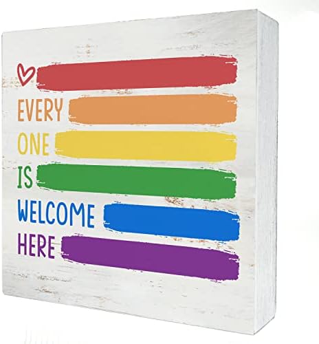 Cada um é bem -vindo aqui, caixa de madeira, decoração rústica Orgulho Rainbow Quote de madeira Placa de placa de placas de placas para parede Decoração de sala de aula de quadro de mesa 5 x 5