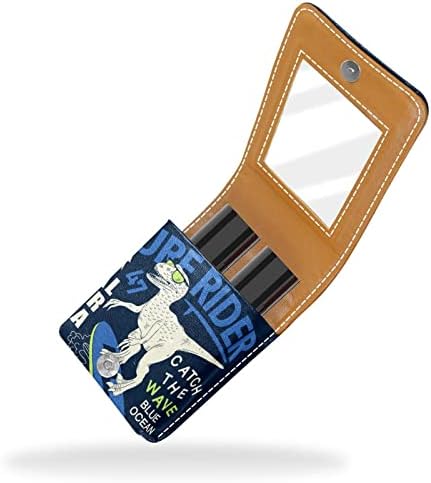 Caixa de batom de maquiagem portátil para viajar, Blue Dinosaur Surfing Mini Lipstick Storage Caixa com espelho para mulheres
