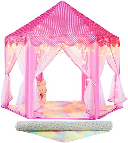 Tenda da princesa senodeadora com tapete arco -íris, luzes estreladas para meninas, tenda rosa para crianças, brinquedos