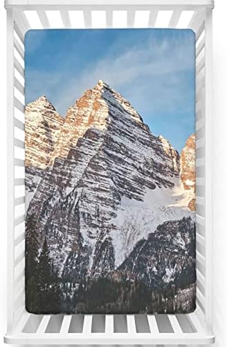 Montanhas Folha de berço com tema, colchão de berço padrão folha de colchão de berço macia e elástica colchão de berço de berço ou lençol de criança, 28 “x52“, azul cinza branco