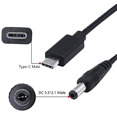 TPENOD USB C a CC 5,5 mm x 2,1mm cabo de alimentação, entrada USB Tipo C no cabo de carregamento DC 12V, trabalhe com carregador