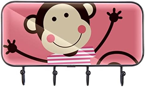 Macaco de casaco rosa -macaco fofo Montagem de parede de rack, cacote de entrada com 4 enganche para casaco chapéu