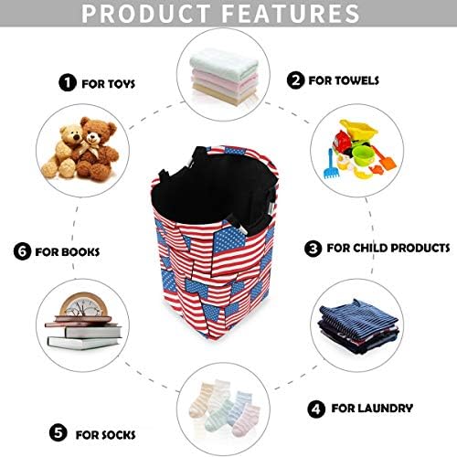 Visesunny American Flag Grande cesto de roupa com alça de roupa dobrável Durável Roupa Lavanderia Bin Bin para banheiro,