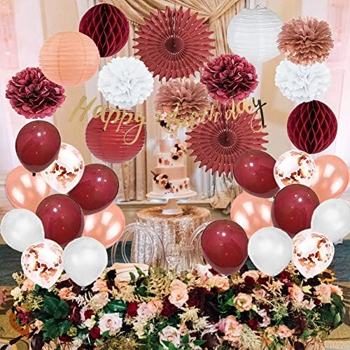 Rose Gold e Borgonha Decorações de festa de aniversário rosa e branco pom pom poms fãs de balões decoração de decoração decorações