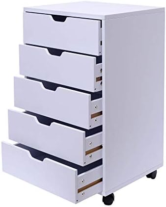 Gabinete de arquivamento de madeira de 5 guloseimas, armário de armazenamento móvel para armário / escritório de cor branca