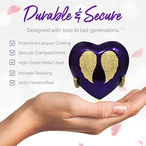 Mini Heart Urn for Human Ashes - Urna de lembrança com Box & Stand - Holds: 3 cu in of Ashes - Purple Heart Stamed Angel Urn