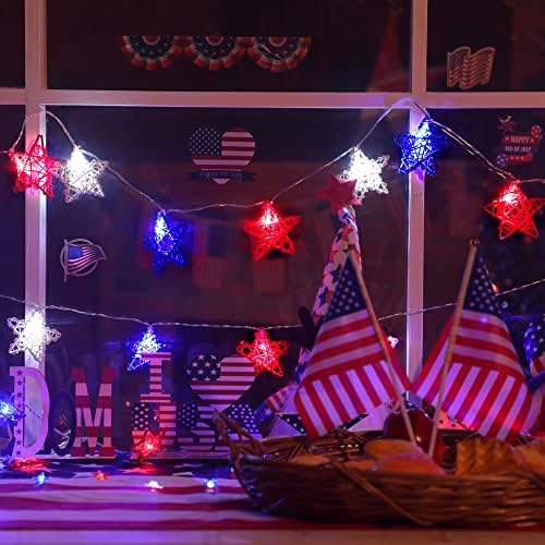 4 de julho Decorações de luzes vermelhas e azuis, 12 LED 3,54 polegadas 3d Luzes de cordas de estrela de rattan 3D Luzes de cordas de estrela operadas para a independência do dia decoração do dia memorial do dia patriótico decoração