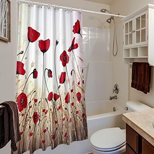 Cortina de chuveiro de tecido de flor vermelha Broshan, cortina de chuveiro lavável com flores cortinas de chuveiro floral para banheiro, decoração de bttroom vermelha e marrom