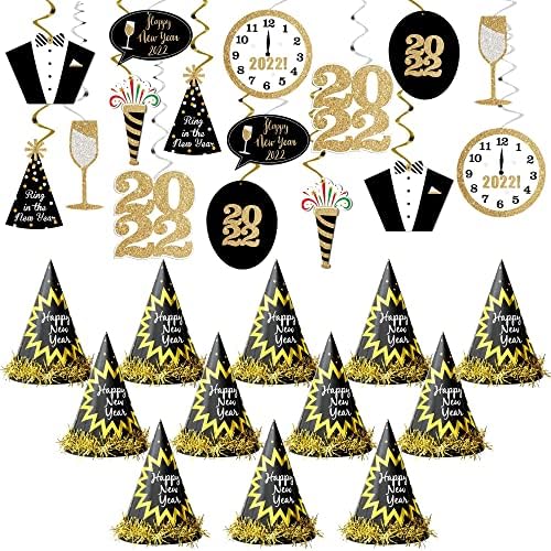 Feliz Ano Novo Decorações 2022 - Não é necessário DIY, pacote de 30 Decorações de Swirl Ano Novo de Ano Novo 2022 | Taquel de papel alumínio, pacote de 12 chapéus de feliz ano novo | NYE Decorações 2022 para o Ano Novo Partido