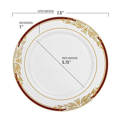 Aperador de plástico redondo Kaya/placas de salada - 7,5 | Branco com Borgonha e Ouro | Pacote de 10