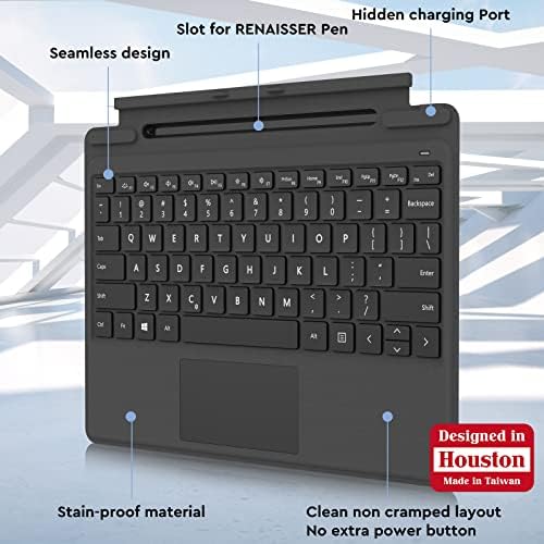 Teclado Renaisser Pelican K8 para Surface Pro 9/8/X, projetado em Houston, porta de carregamento oculto, caneta caneta, gerenciamento de energia inteligente, luz de fundo, layout original do teclado Surface Pro