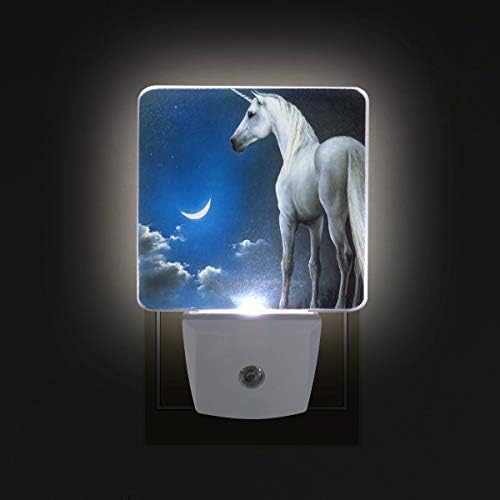 2 plug-in plug-in LED Night Lights com Unicorn Starry Nightlights com entardecer para Dawn Sensor Luz branca perfeita para cozinha e corredor do banheiro Conjunto 2