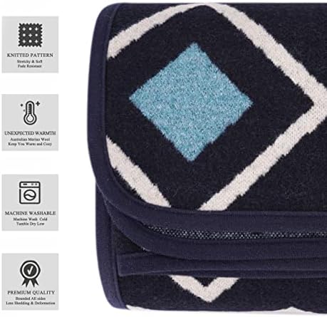 Cobertor de lã Merino Merino - 87 x 63 de espessura e macio arremesso de cama - ótimo para acampar, ao ar livre, viajar, carro, sofá, todas as estações, cheque azul