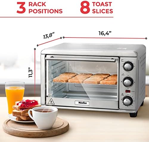 MUELler Aeroheat Convection Toaster forno, 8 fatia, grelhar, torradas, assar, acabamento em aço inoxidável, temporizador, alerta automático - som, posição de 3 rack, bandeja de migalhas removíveis, acessórios e receitas