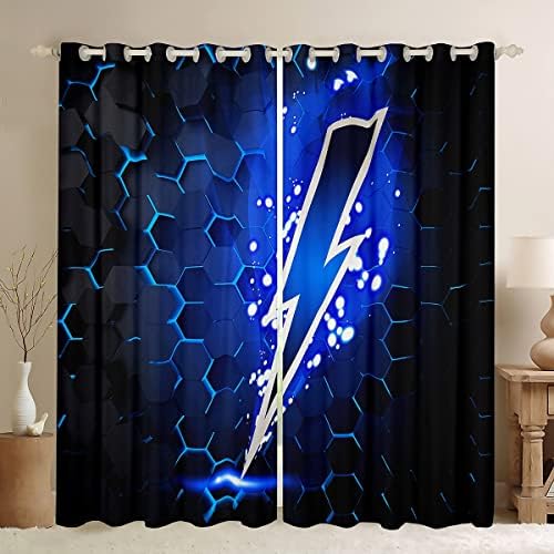 Blue Flash Window Drapes para meninos quarto de meninas, Lightning Strike Glitter Dots Tratamentos de janela Poliéster de microfibra 42wx63l polegadas, moderna moda hexagon geométrica cortinas de janela
