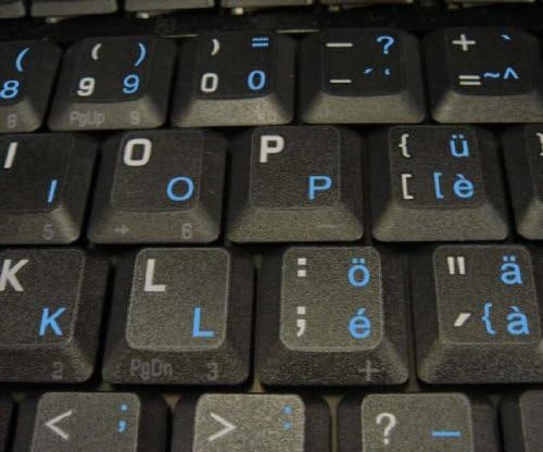 Layout de etiquetas do teclado suíço 4Kearboard com um fundo transparente de letras azuis para desktop, laptop e notebook