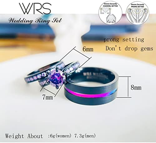 Anel de casamento definido seus casais com anéis correspondentes de 18k preto de ouro preto de 18k Violet CZ Ring de noivado