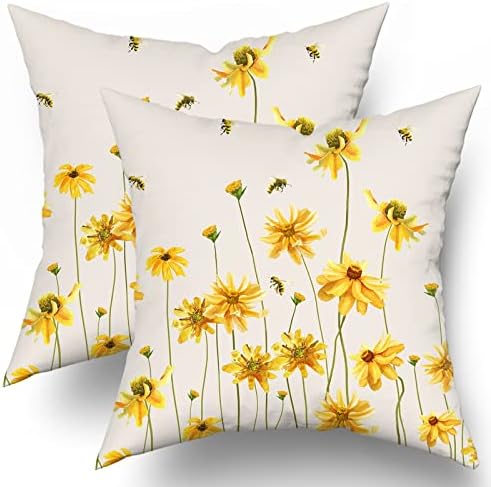 Capas de travesseiro de arremesso de verão da primavera 18x18 polegadas Conjunto de 2 flores amarelas coreopsis abelhar