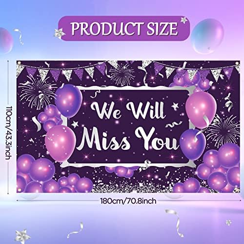 Sentiremos sua falta, decorações de festas de banner Purple Silver Going Away Party Beddrop Supplies for Purple Farewell Anniversary