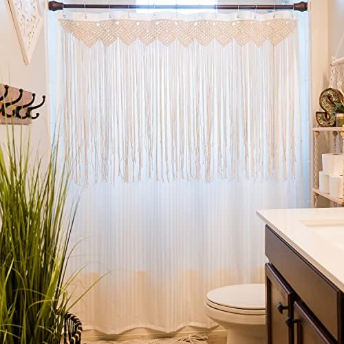 Cortina de chuveiro de macram SnugLife - Cortina de chuveiro BRANCO BOHO com borda decorativa de algodão com decoração de banheiro