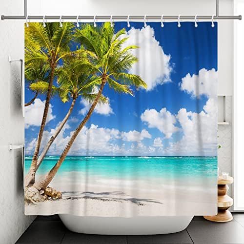 Arrebart Ocean Beach Chuveiro Cortina de palmeiras tropicais Cortes de chuveiro verão azul céu marinha da beira do banheiro decoração