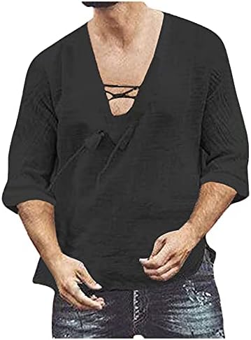 Camisas casuais de Dueig para masculino, Summer masculino de cordão de amarração de cordão vadia v pesco-pescoço henley