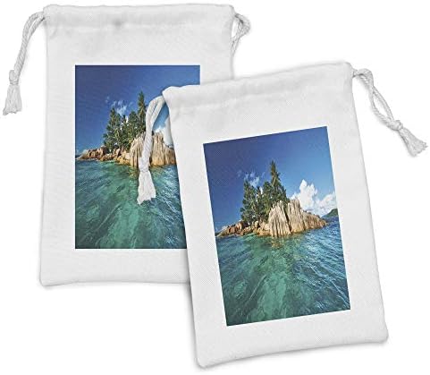 Conjunto de bolsas de tecido da Ilha Ambesonne de 2, Imagem de paisagem de St Pierre Isle desabitada em Seychelles Art Print, pequeno saco de cordão para máscaras e favores de produtos de higiene pessoal, 9 x 6, azul cobalto e multicolor