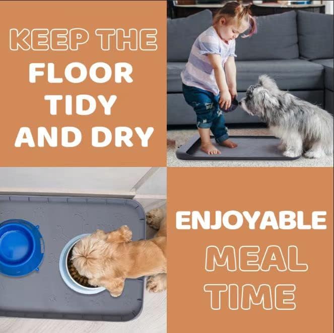 Liaojiong Silicone Dog Food Tapete com design de bolso para coletar resíduos de alimentos - tapete cinza para comida e água com borda