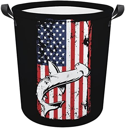 American Flag Hammerhead Shark Shark Laundry Basket com alças redondas de lavanderia de lavanderia cesta de armazenamento para
