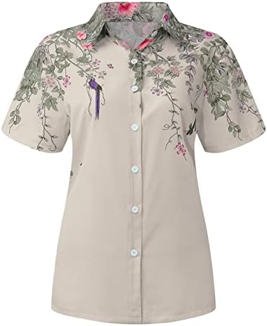 Mulheres de manga curta Tampas de algodão Bloups Imprimir colorido casual em cogueira Tamts de camisa de colarinho Button Button
