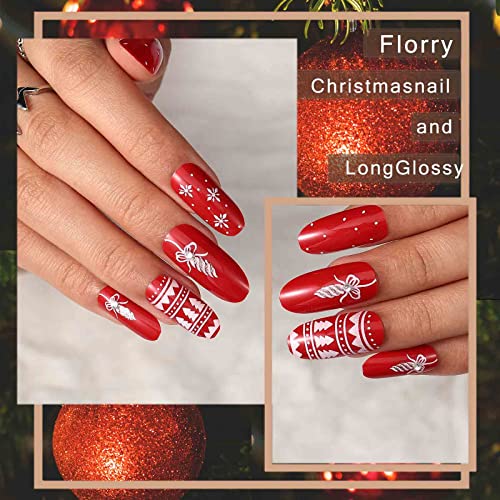 Florry Long Oval Press On Nails Christmas Nuten Fake Nails Matte Red Capa completa unhas artificiais para mulheres e meninas 24pcs