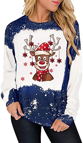 Camisas de Natal para mulheres, moda feminina fofa de rena de rena Grande camisetas de pescoço de pescoço casual blusa solta