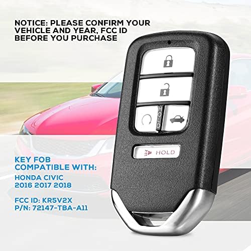 Chave de substituição FOB Fits para Honda Civic 2017 2018 Smart Proximity Ingressingless Control Remote Control Uncut Key,