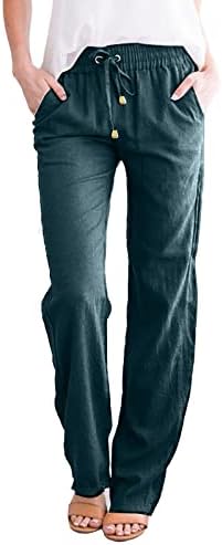 Calça de linho de tamanho plus size kcjgikpok, calça de linho com cintura elástica sólida com cintura larga com lençóis com bolsos