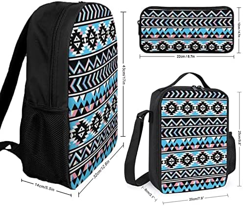 Tribal Aztec Blue e Pin School Backpack Conjunto 3pcs College Bookbag com lancheira leve e caixa de lápis para aluno