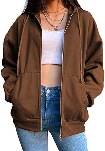 Mulheres vintage 90s Zipper sólido frontal de manga longa com molas marrons com moletons marrons com bolsos