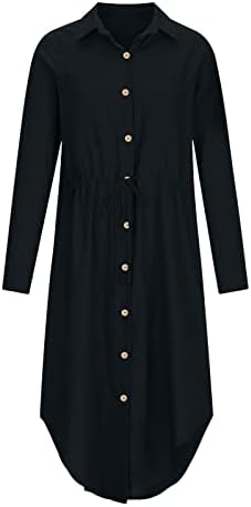 Vestidos para mulheres de manga comprida convidada de linho de algodão de outono Vestido de algodão V Vestido de botão de controle