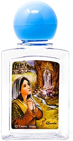 Garrafa de água de plástico Lourdes contendo água benta e cartão de oração de Lourdes