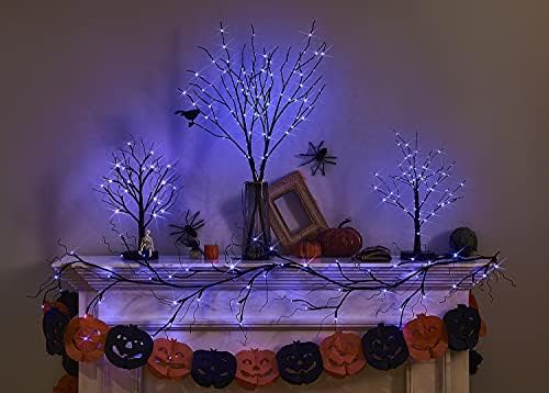 Hairui iluminados Halloween Tree Whretle com timer 32in 100l Luzes de fadas roxas, Black Branch Lights Operado por bateria