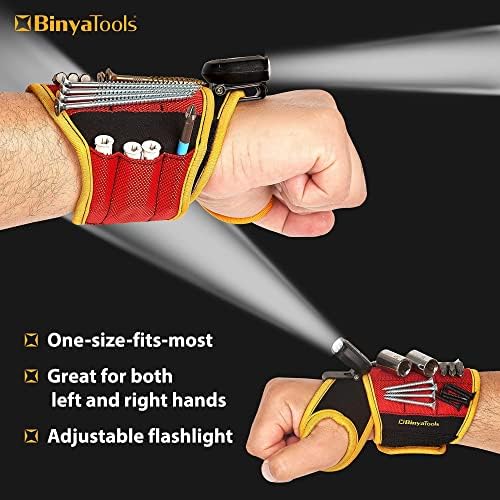 Binyatools Pulseira magnética amarela e vermelha com lanterna ímãs super fortes segura parafusos, unhas, broca. Suporte de pulso