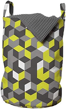 Bolsa de lavanderia cinza e amarela de Ambesonne, impressão 3D inspirada na imagem de caixas geométricas modernas cubos, cesto de cesto com alças fechamento de cordão para lavanderias, 13 x 19, mostarda amarela