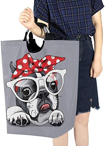 Yyzz Cartoon French Bulldog Retrato em copos Polca vermelha DOT Band para a cabeça em uma bolsa de roupas de lavanderia