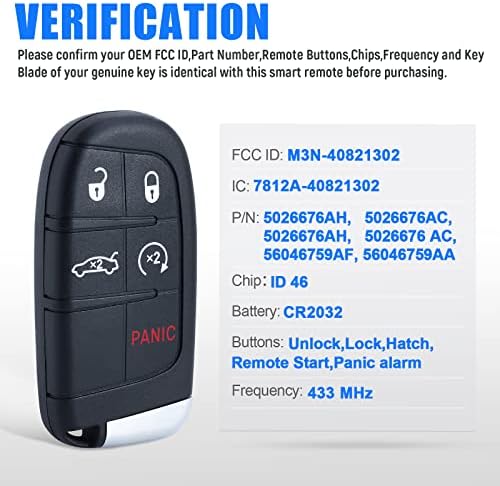 Keymall entrada sem chave Smart Remote Key FOB Substituição 5 botões para Chrysler 300 para Dodge Challenger Charger Dart Durango 2011-2017 FCC ID: M3N-40821302 ID 46 Chip