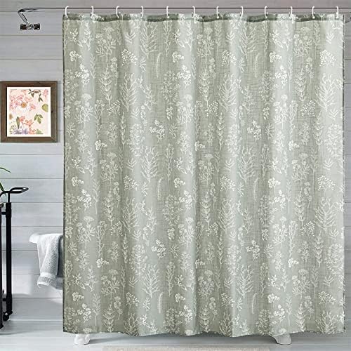 Estmy Sage Green Green Botanical Linen Shower Curtain para banheiro, primavera com tema de verão Plantas florais de boho com tema de primavera deixa decoração de cortina de chuveiro de tecido texturizada Modern Farmhosue
