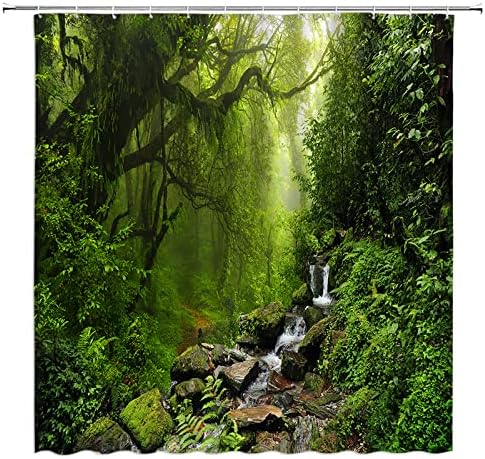 Cortina de chuveiro da cachoeira da floresta de jirgiaxa Natureza Green Tropical Floresta tropical selvagem Pássaro urso flor